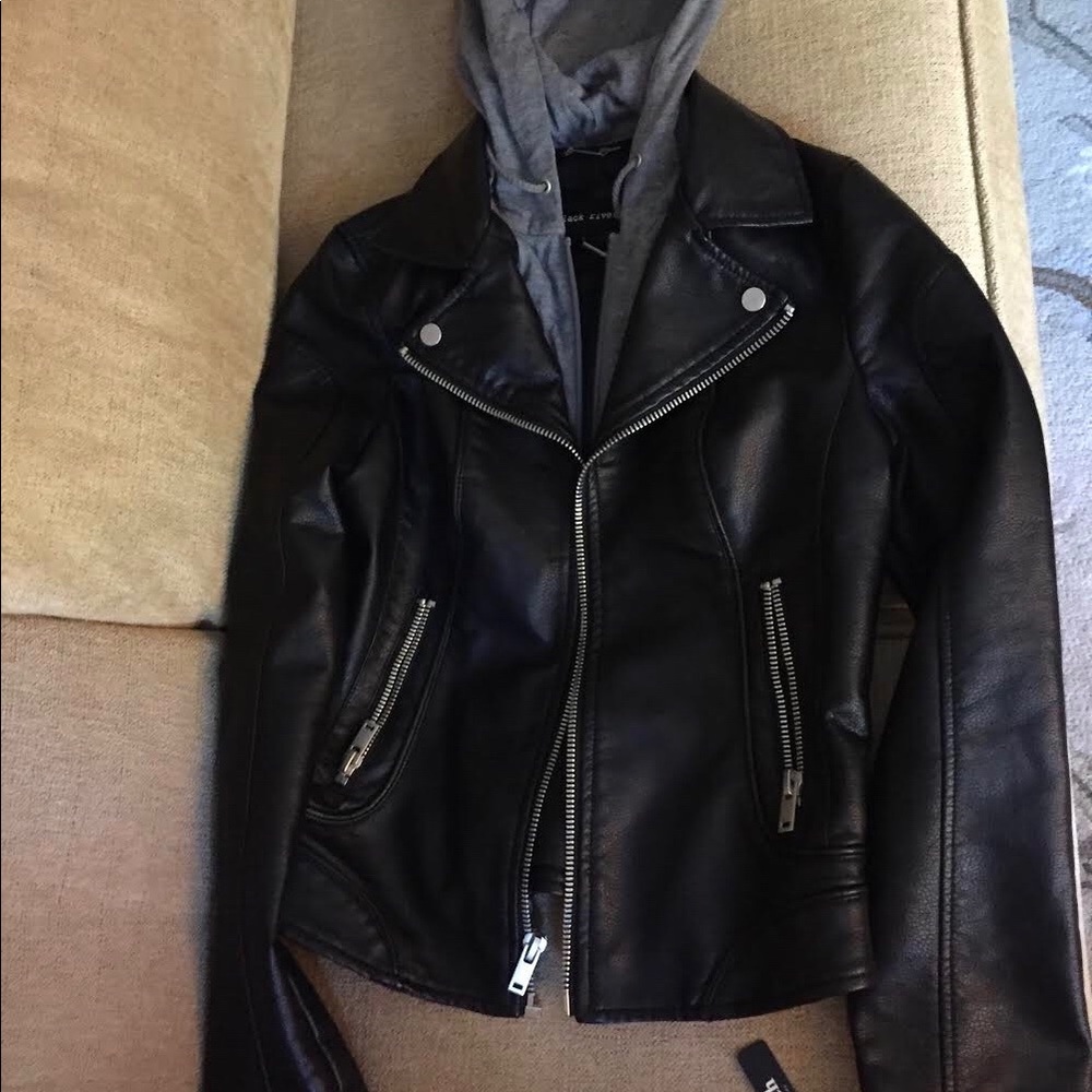BLACK RIVET black leather jacket with hood